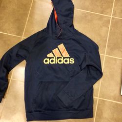 Awesome boys Adidas Hoodie. Sz 14-16. Dark navy blue with orange and yellow writing! Great condition!