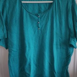 Womens Basic Editions 3x Plus Green Ribbed Pullover, 100% Cotton. East, West, North