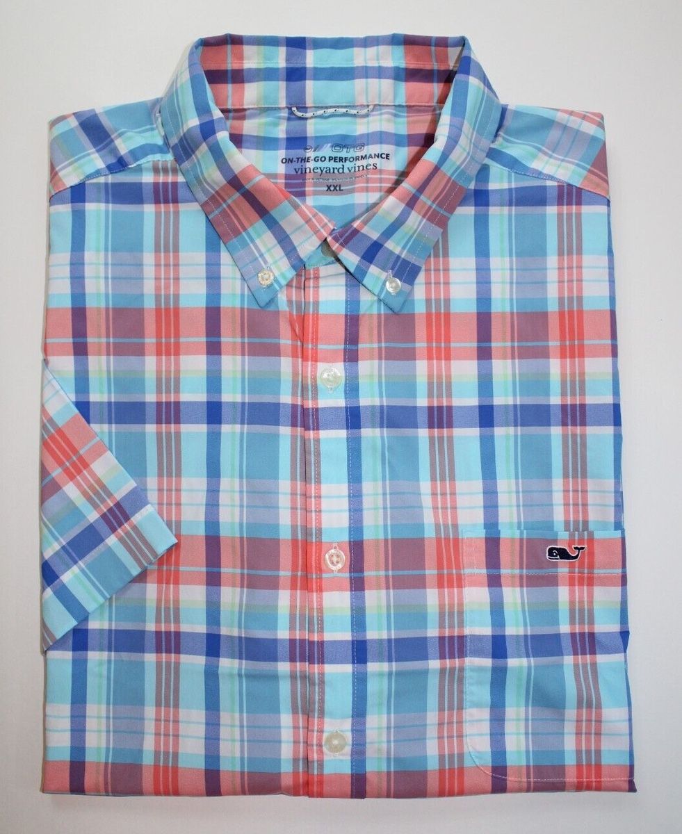 Vineyard Vines OTG Shirt - Mens Size XXL - Blue/White/Orange Plaid Button-up