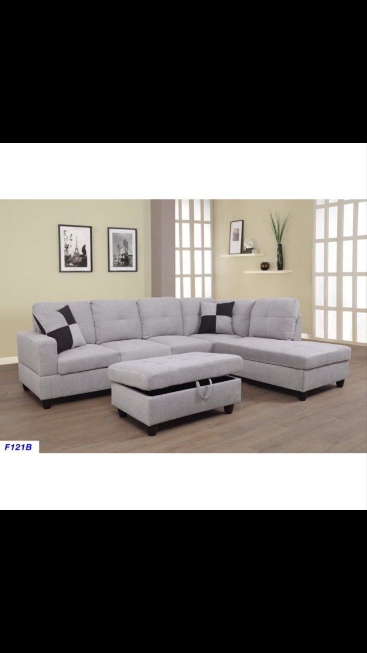 New White Grey Sectional And Ottoman 