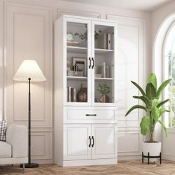 78.9" Bookcase Display Cabinet with Glass Door and Drawer, Kitchen Pantry Storage Cabinet for Living Room