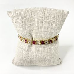 14K Yellow Gold Baguette Cut Rubies + Brilliant Cut Diamonds Tennis Bracelet 