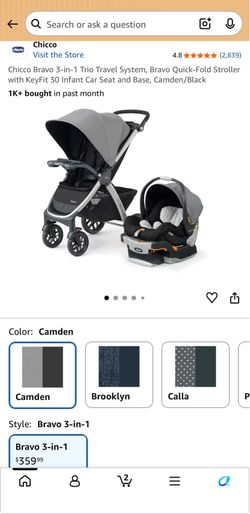 Chicco Bravo 3-in-1 Trio Travel System, Bravo Quick-Fold Stroller with KeyFit 30 Infant Car Seat and Base, Camden/Black