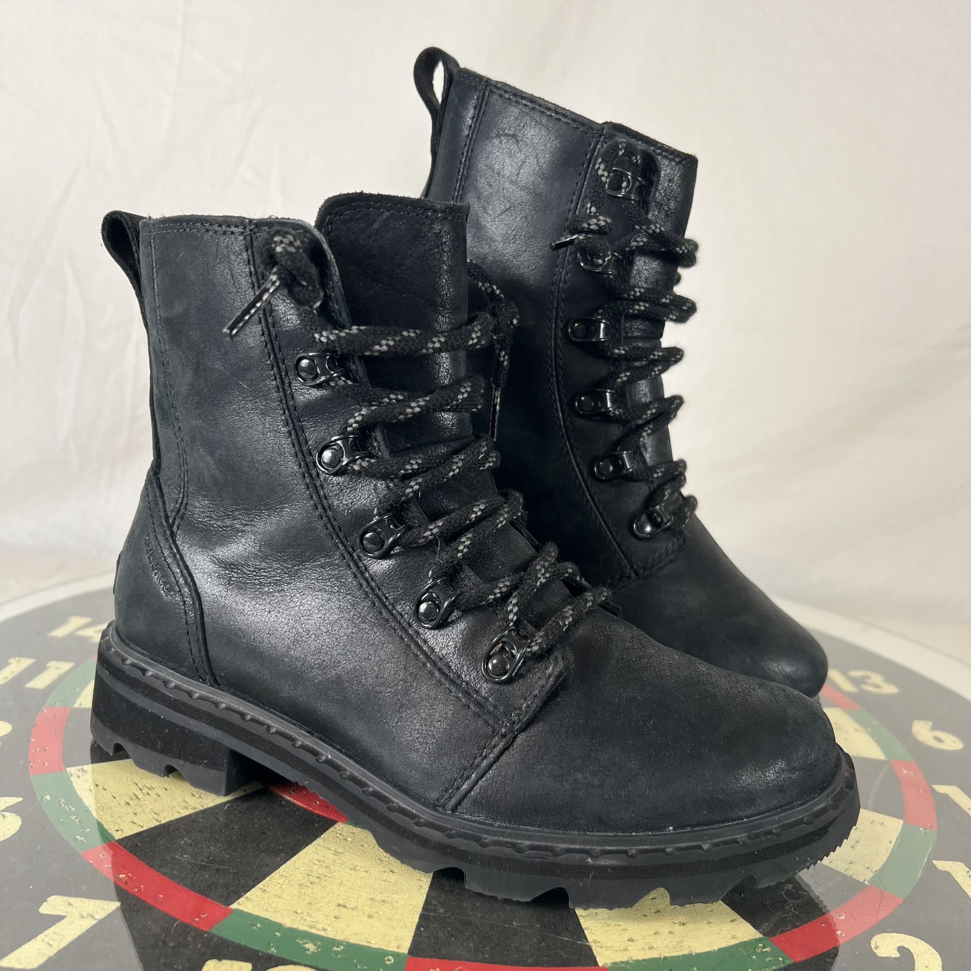 Sorel Lennox Lace Up Combat Boots STKD Waterproof Black Leather Women’s Size 6.5