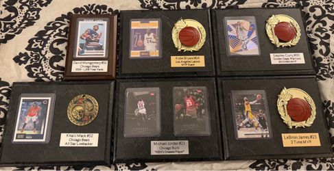 NBA NFL Commemorative Sports 7Cards/6 Plaques Memorabilia Set Jordan,Kobe,Curry,Lebron,Mack,Montgmry