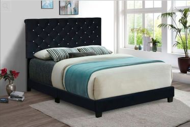Black Velvet Upholstered Bed Frame with Tufted Headboard