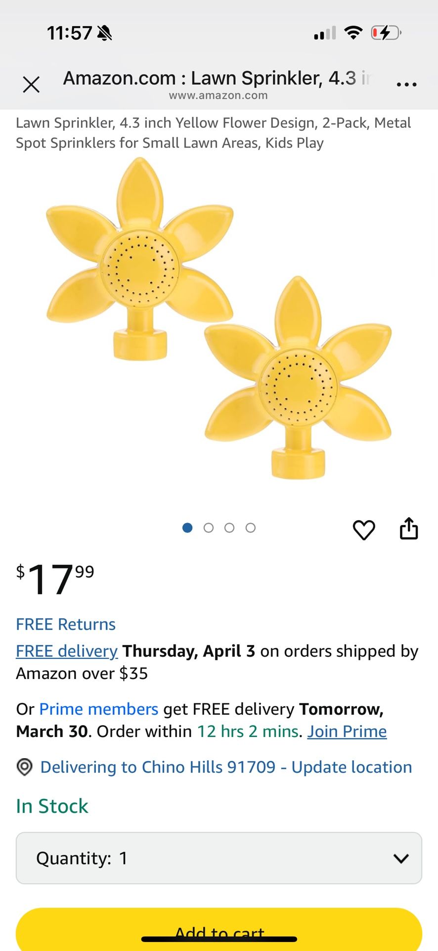 Lawn Sprinkler, 4.3 inch Yellow Flower Design, 2-Pack, Metal Spot Sprinklers for Small Lawn Areas, Kids Play
