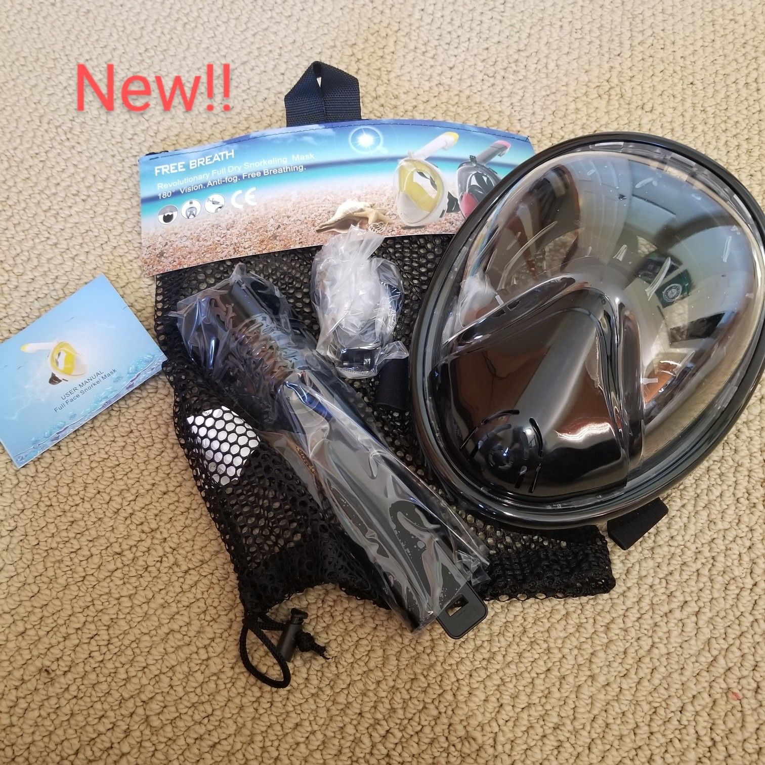 Brand new full face dry snorkeling mask with everything included