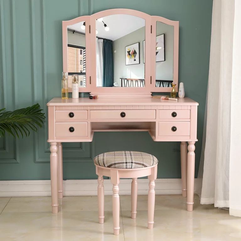 Zimtown Vanity Table Set Makeup Dressing Table w/Stool Tri-Folding Mirror Jewelry Wood Desk Furniture,Pink