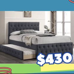 New In Box FULL BED W/TRUNDLE-LIGHT GREY BURLAP And 2 Mattresses.