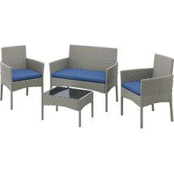 Patio Furniture Set 4 Pieces Conversation Sets, Rattan Chair Wicker Set Loveseat with Soft Cushion and Glass Table for Backyard Porch Garden Poolside