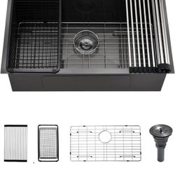 30 Black Stainless Steel Undermount Kitchen Sink, Luckyhorse 30" x 17" x 9" 18 Gauge Gunmetal Black Stainless Steel Undermount Kitchen Sink LH025SQ Ne