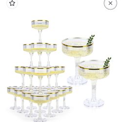 30 Pack Clear Champagne Tower Glasses 7OZ Plastic Martini Glasses Champagne Coupe Glass Cocktail Glass with Gold Rim Champagne Flutes Stackable Stemme