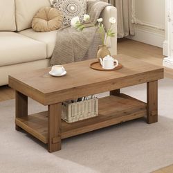 Solid Wood Coffee Table - 42.5" Farmhouse Rectangle Coffee Table Thickened Firwood Tabletop with Ash Veneer Finish, Center Tables with Storage Shelf f