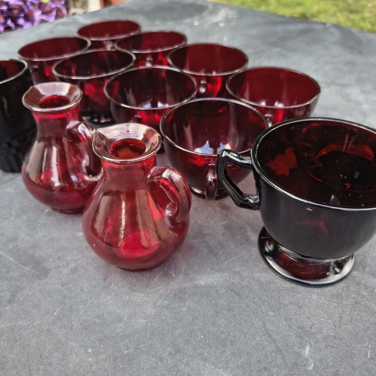 Vintage Avon Ruby/ Strawberry Colored Glass Tea Cup Set of 8 and Miscellaneous