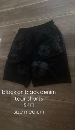 black on black denim tear shorts