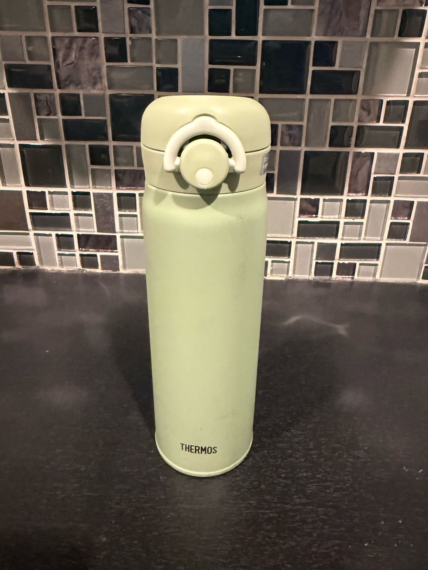 Slim green Thermos brand insulated bottle from Japan