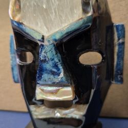 Tribal Mask Fused Glass Face Figure Cancun Art Figurine Mexico Souvenir Handmade