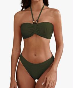 New Women's Halter Bandeau Bikini Beaded Tie Back String Bikini Set Push Up Two Piece Swimsuit Bathing Suits, Medium, Size 6