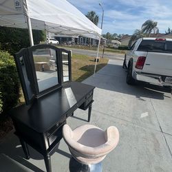 Black Vanity Set with Pink Swivel Chair & 3-Way Mirror