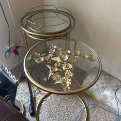 Three Tables Two Same Size And One Smaller Glass Top Gold Metalic Good Condition All For 140