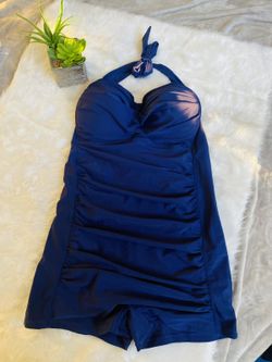 Navy Blue One-Piece Halter Swimsuit Ruched Front 2XL