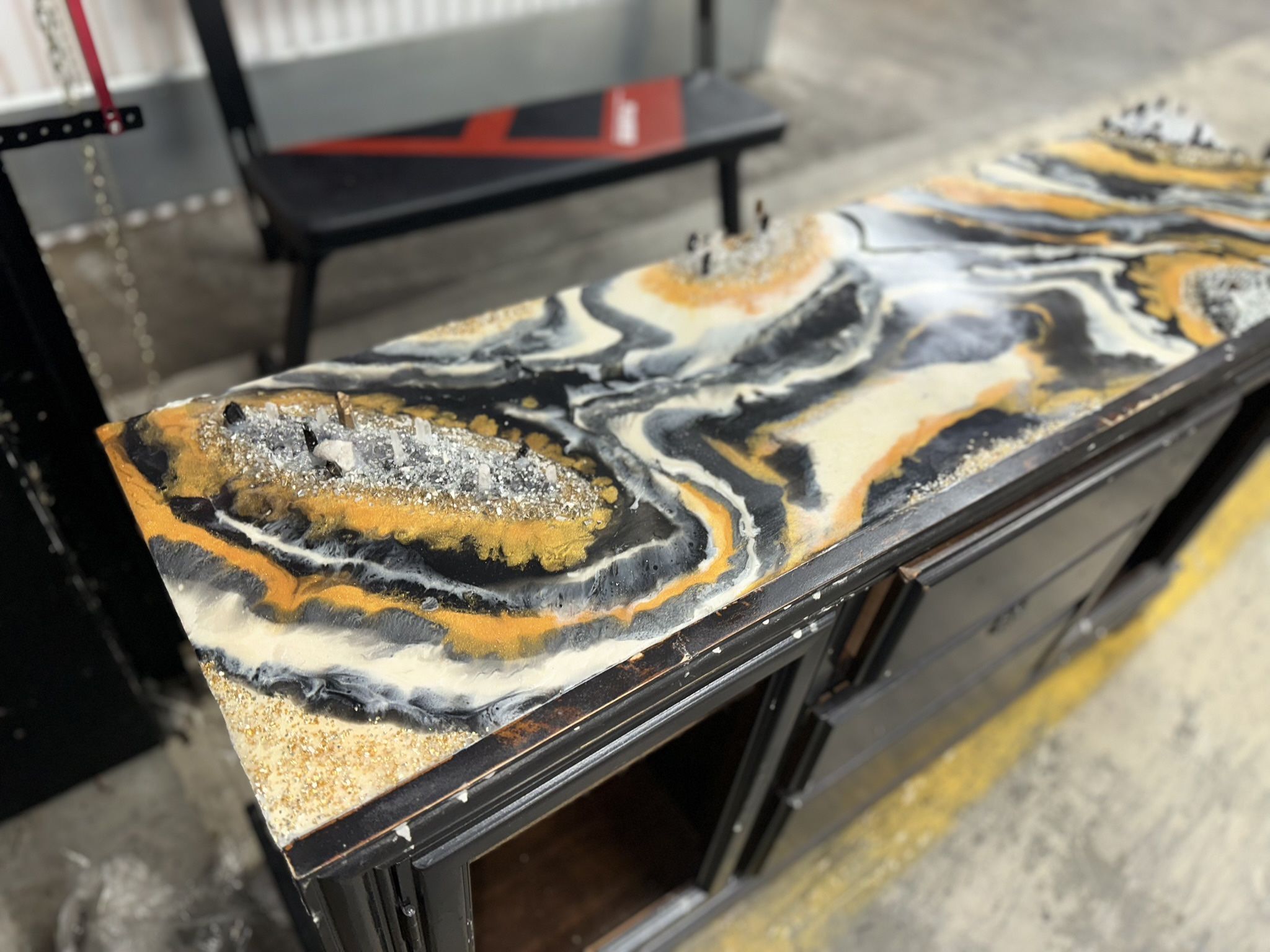 Handcrafted Black and Gold Resin/Crystal Top Dresser
