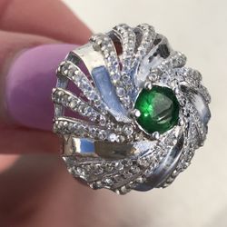 NEW-EMERALD-SILVER - 925 Ring #9 white gold plated Turkish handmade