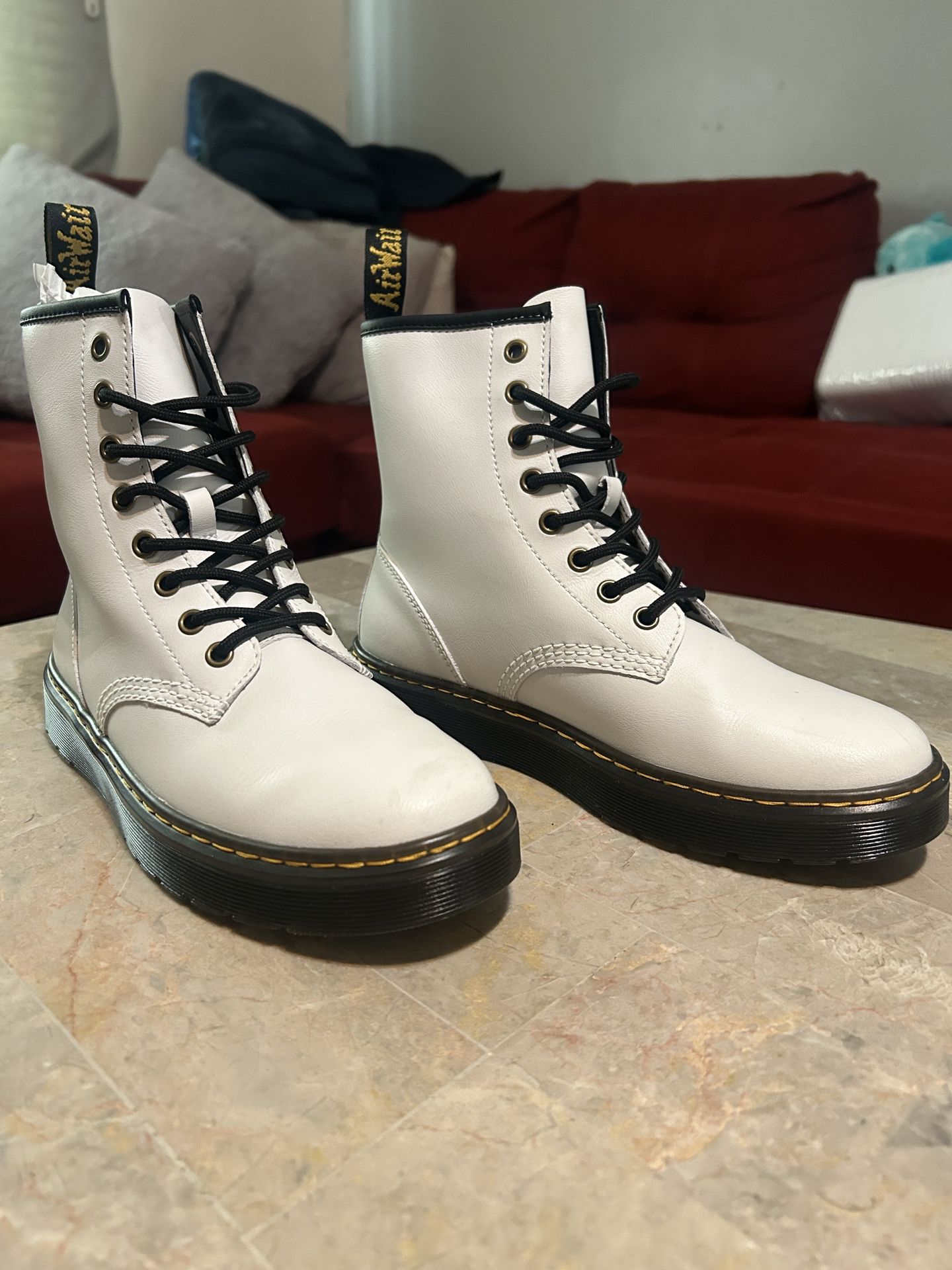 Dr Martens Zavala T Lamper Combat Boots Patent Leather White in Size 8