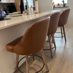 Swivel Barstools, Set of 3, Mid Century Leather Upholstered
