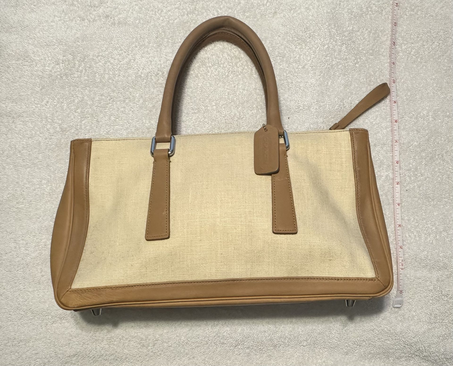 Coach Purse / Bag - Tan Leather & Beige Linen, Authentic