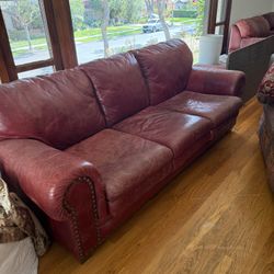 Red Leather Couch And Chair And Ottoman 