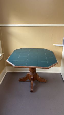 Solid Wood Pedestal Dining Table with Blue-Green / Teal Tile Top