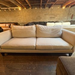 West Elm Modern Cream Sofa – Clean Lines, Linen Blend Fabric & Solid Wood Base “WE DELIVER”