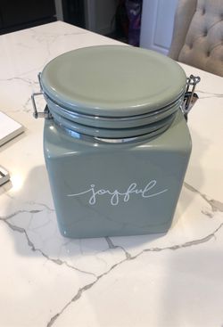 “Joyful” seafoam mint green blue storage canister vacuum seal lid ceramic