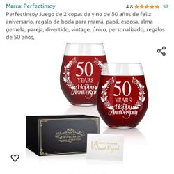 Perfectinsoy Set of 2 glasses of wine for 50 years, happy birthday, wedding gift for mom, dad, wife, soulmate, couple, fun, vintage, unique, personali