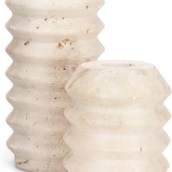 WORHE Candle Holders True Natural Travertine Stone 0.4" Thick, Set of 2 Premium Marble Candlestick Holder