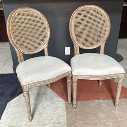 Old world Upholstered Dining Chairs Wood cane Natural Linen Beige