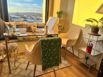 Glass, Beige dining set (2 velvet mid century modern chairs) free rug