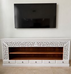 108” Hand-Carved White Wood TV Console | Extra Long Media Cabinet | Boho Coastal