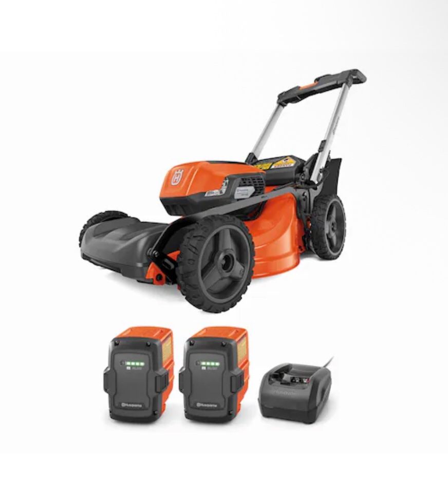 NEW/SEALED Husqvarna Lawn Xpert LE322R 40-volt, 21” Self Propelled Walk Mower, (qty 2) 7.5 batteries