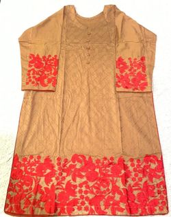 Beige And Red Party Wear Beautiful Cotton Embroidered Kameez With Trouser 