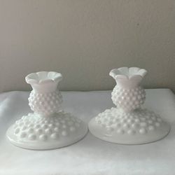 Pair of Vintage Fenton White Milk Glass Hobnail Single Candleholders For 