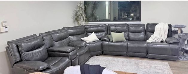 Large Gray Leather Sectional Sofa with Recliners