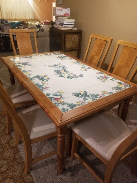 Italian Hand Painted Kitchen Table..Grape Vine Design!@..Solid Wood And Tile Top..Size 62x38 Wide 30 Inches Tall...6 Padded Solid Wood Kitchen Chairs.