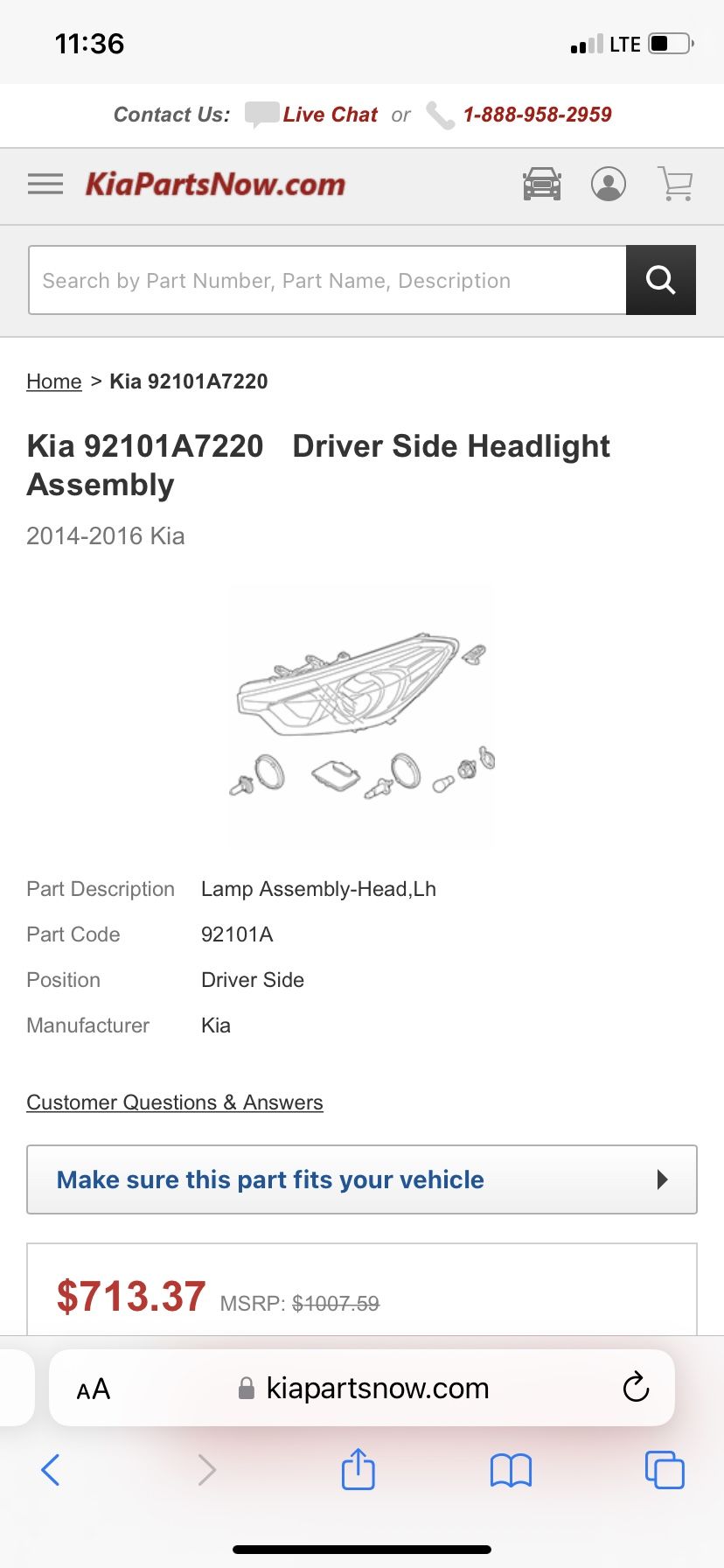 Forte Left Drivers Side HID Headlight Oem Part Number 92101A7220