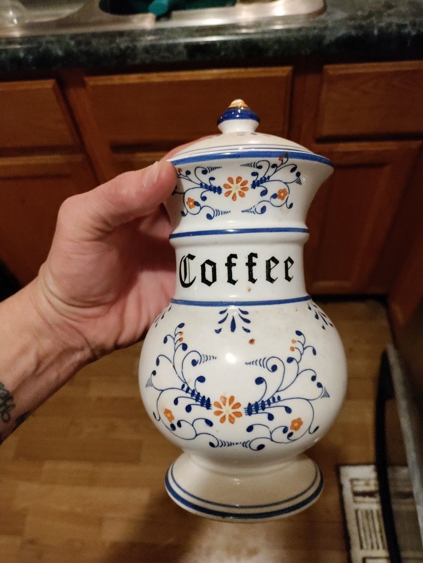 Vintage Royal Sealy Heritage Pattern Blue And White Coffee Canister With Lid