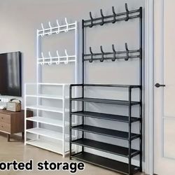 Sturdy Multi-Tier Metal Storage Rack with Hooks - Perfect for Bedroom & Entryway Organization, Available in Black/White