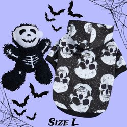 Halloween Skull Print Dog Hoddie & Squeaky Skeleton Toy 💀🐶✨️