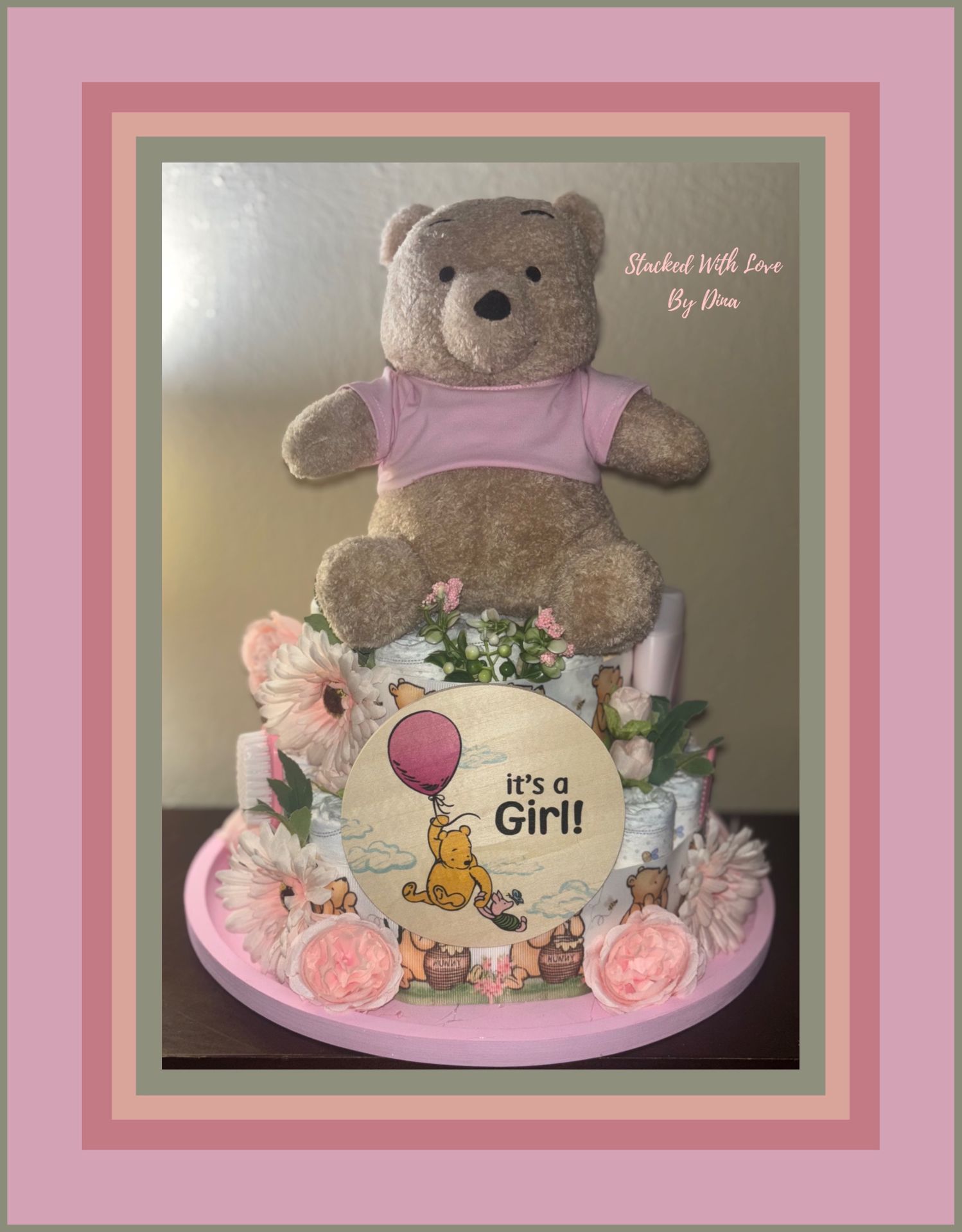 Winnie the Pooh Baby Girl Diaper Cake 🧸 | Pastel de Pañales para Niña 🌸 Baby Gift 💝